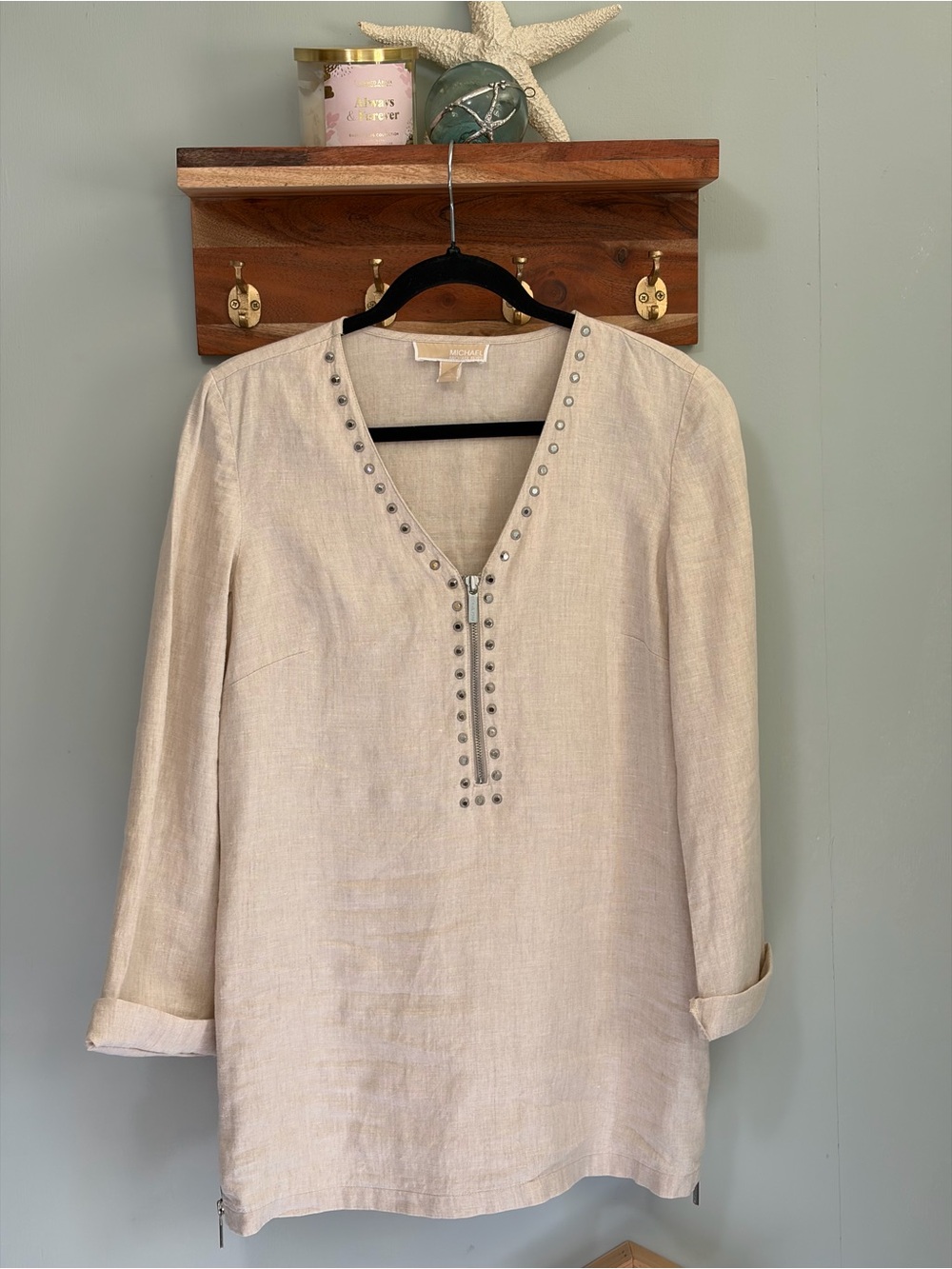 Michael Kors Cream Linen Studded V-Neck Tunic